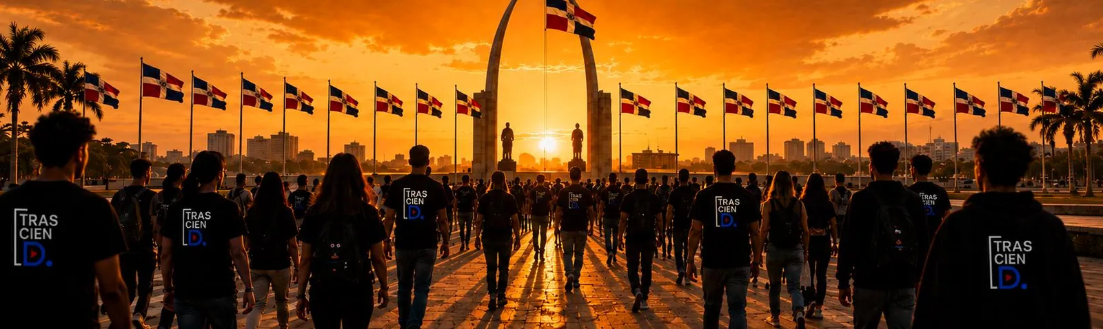 Jóvenes con camisetas de TRASCIEN-D caminan hacia un monumento con banderas dominicanas al atardecer