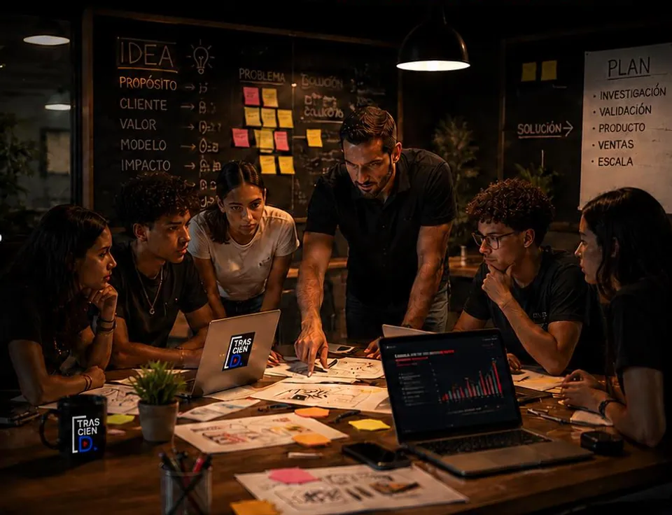 Jóvenes emprendedores trabajando juntos sobre un plan de negocio