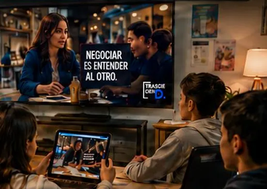 Jóvenes aprendiendo mientras ven un capítulo de TRASCIEN-D